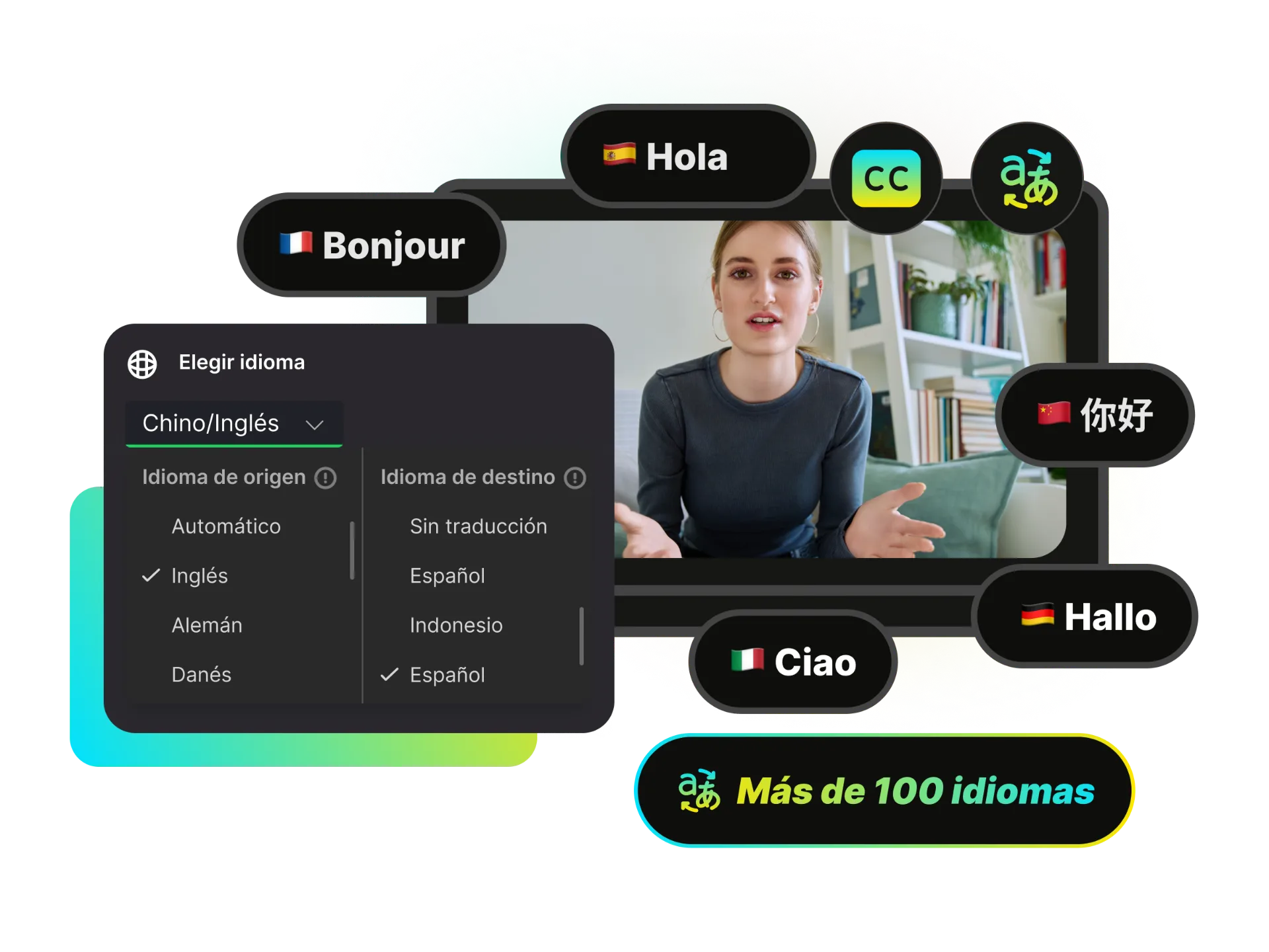 Video interface showing subtitles being translated into multiple languages